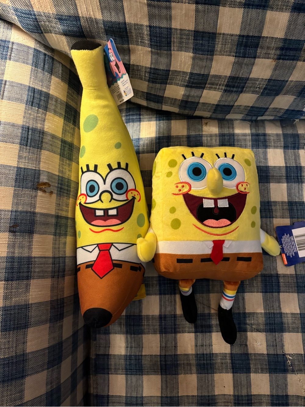 SpongeBob plush figures.